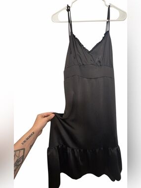 Nine West Black Satin Slip with Ruffle Hem
